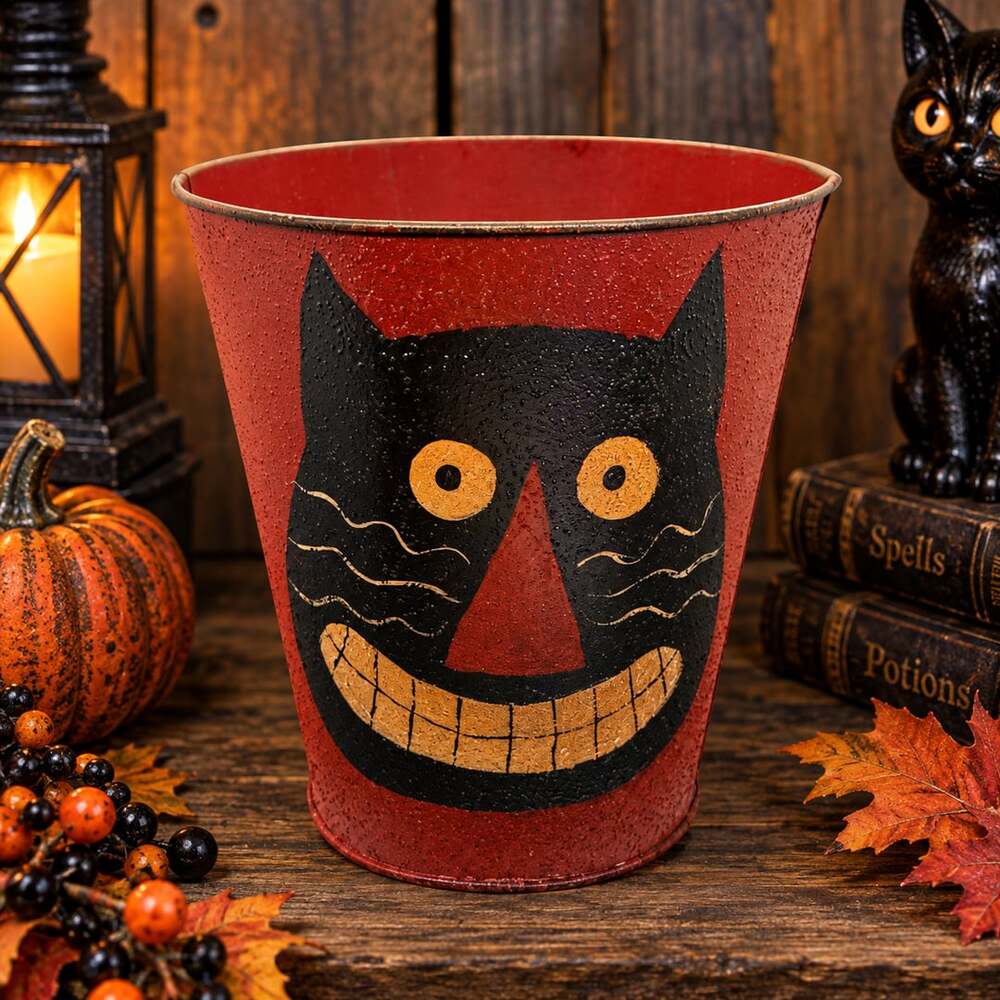 Primitive Metal Halloween Black Cat Hand Painted Container Bucket 7.25” Folk Vtg